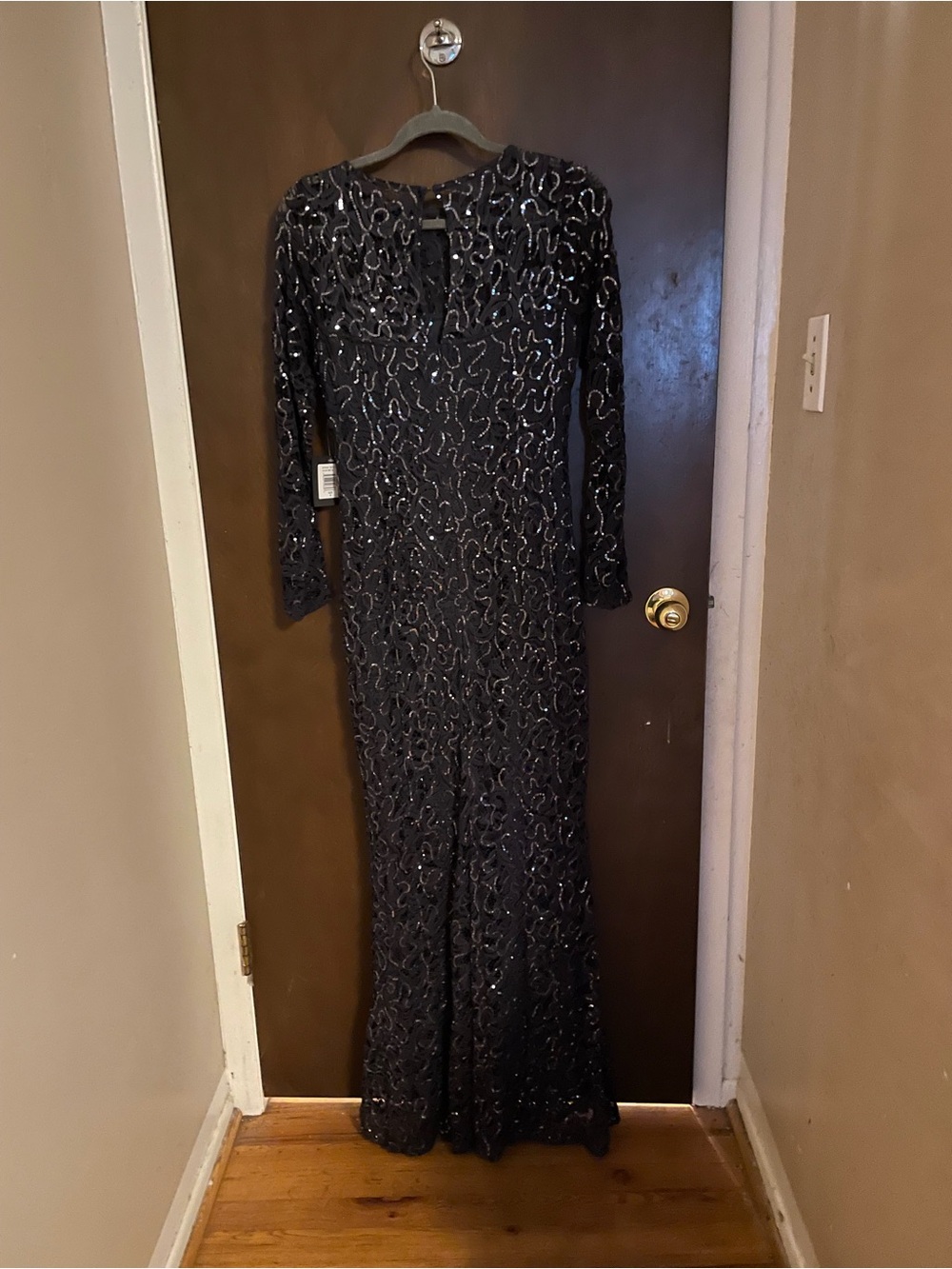 MARINA Navy Long-Sleeve Sequin Gown
